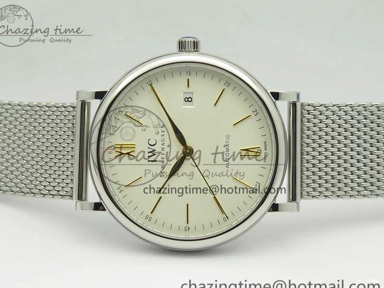 MIROTIME 0111 Breathable Portofino IW356501 SS V3 MK 1:1 Best Edition White Dial Gold Markers On SS Mesh Bracelet MIYOTA 7197
